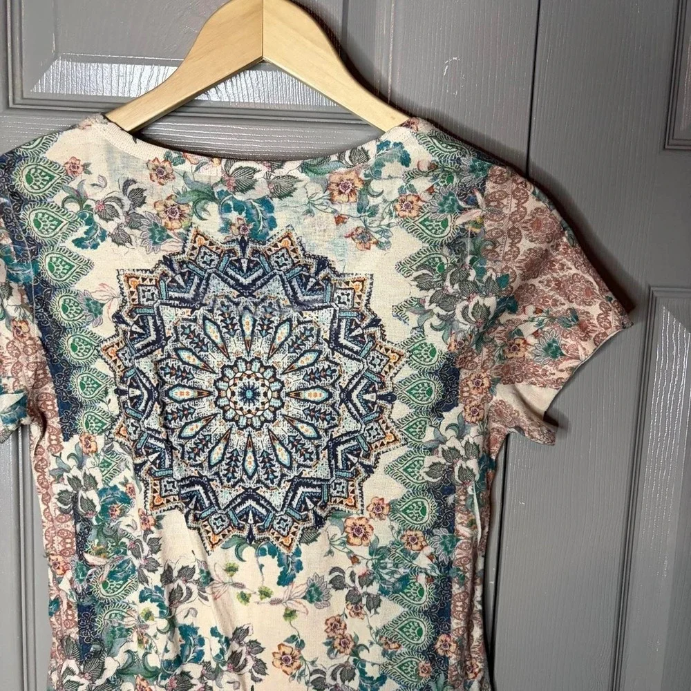 One World Womens Small Mandala Print Boho Short Sleeve Top Multi Color Y2K Scoop